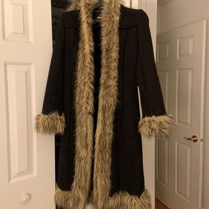 Black suede fur trimmed vintage BEBE coat